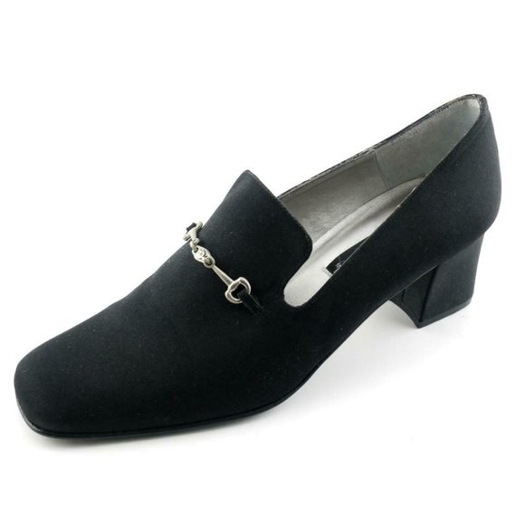 Worn Once Black KENNETH COLE Fabric Pumps Chunky Heels 8 SPAIN Horsebit Buckle - Picture 1 of 4